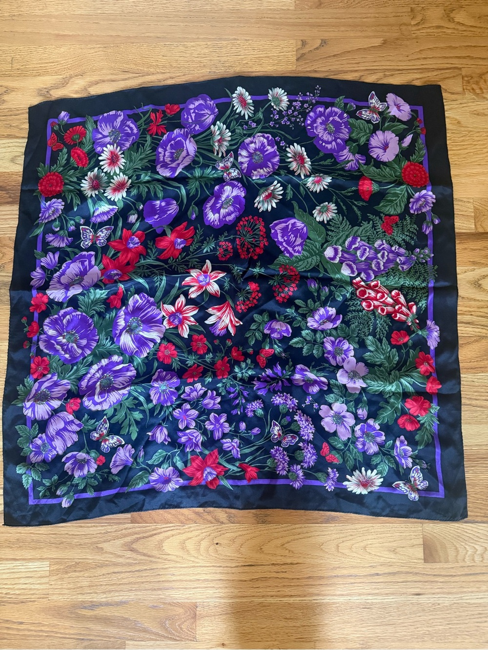 Vintage Silk Black Floral Scarf 28 Inch